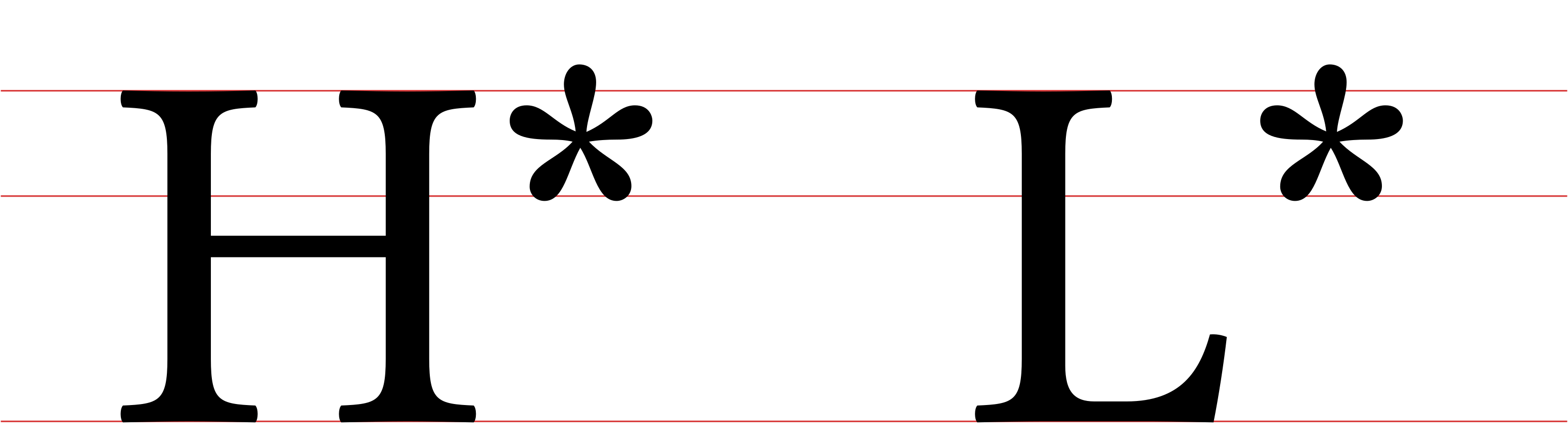 A sample of the basic tone markers in ToBI: a H* and a L* tones,
 with red lines marking the baseline, the median, and the ascender height