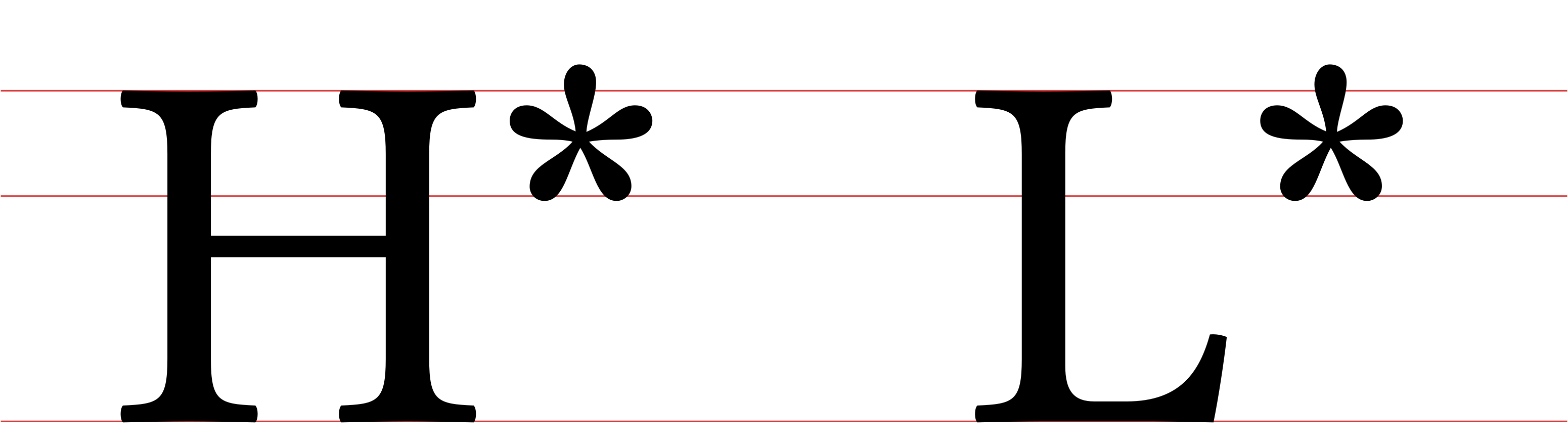 A sample of the basic tone markers in ToBI: a H* and a L* tones,
with red lines marking the baseline, the median, and the ascender height