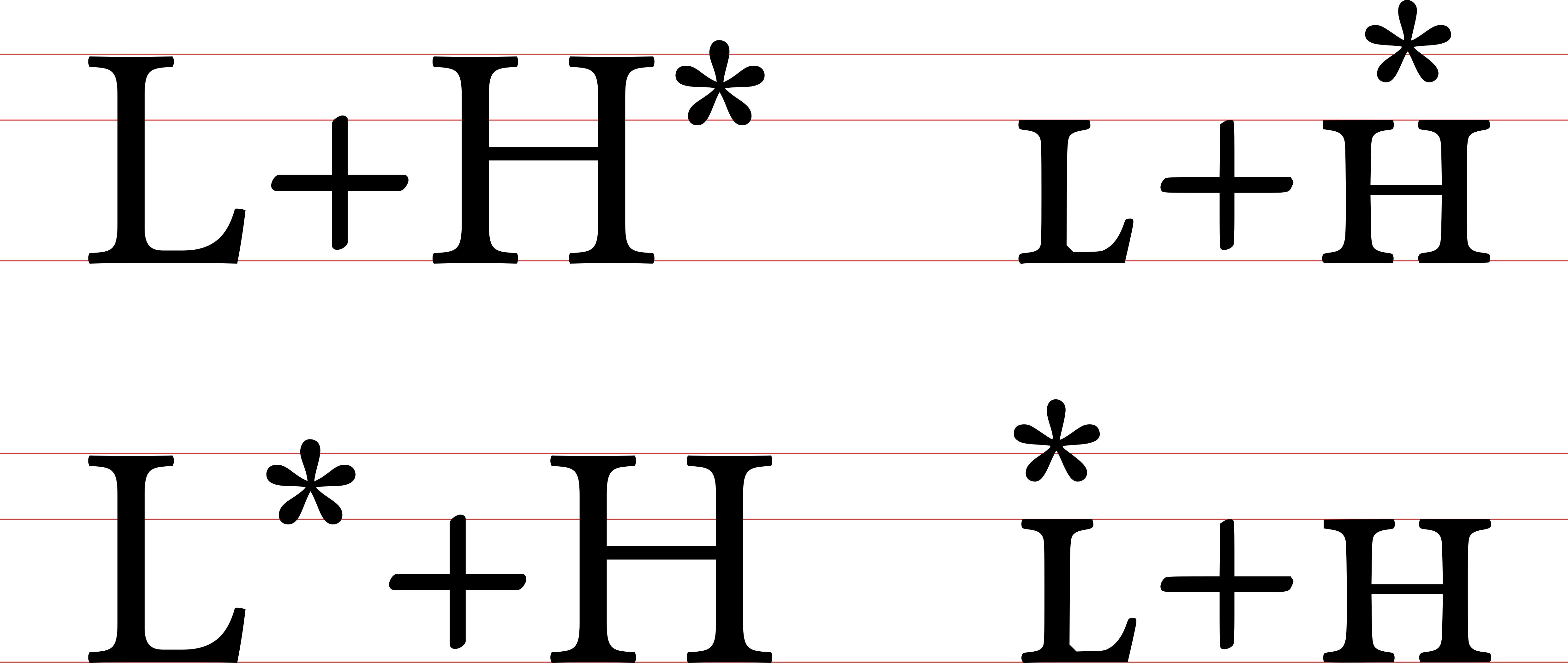 A comparison between two ways of typesetting of ToBI markers for
L+H* and L*+H tones. A column on the left shows the standard typesetting using
uppercase characters followed by a * character, while a column on the right uses
small caps for the letters with the * character placed above