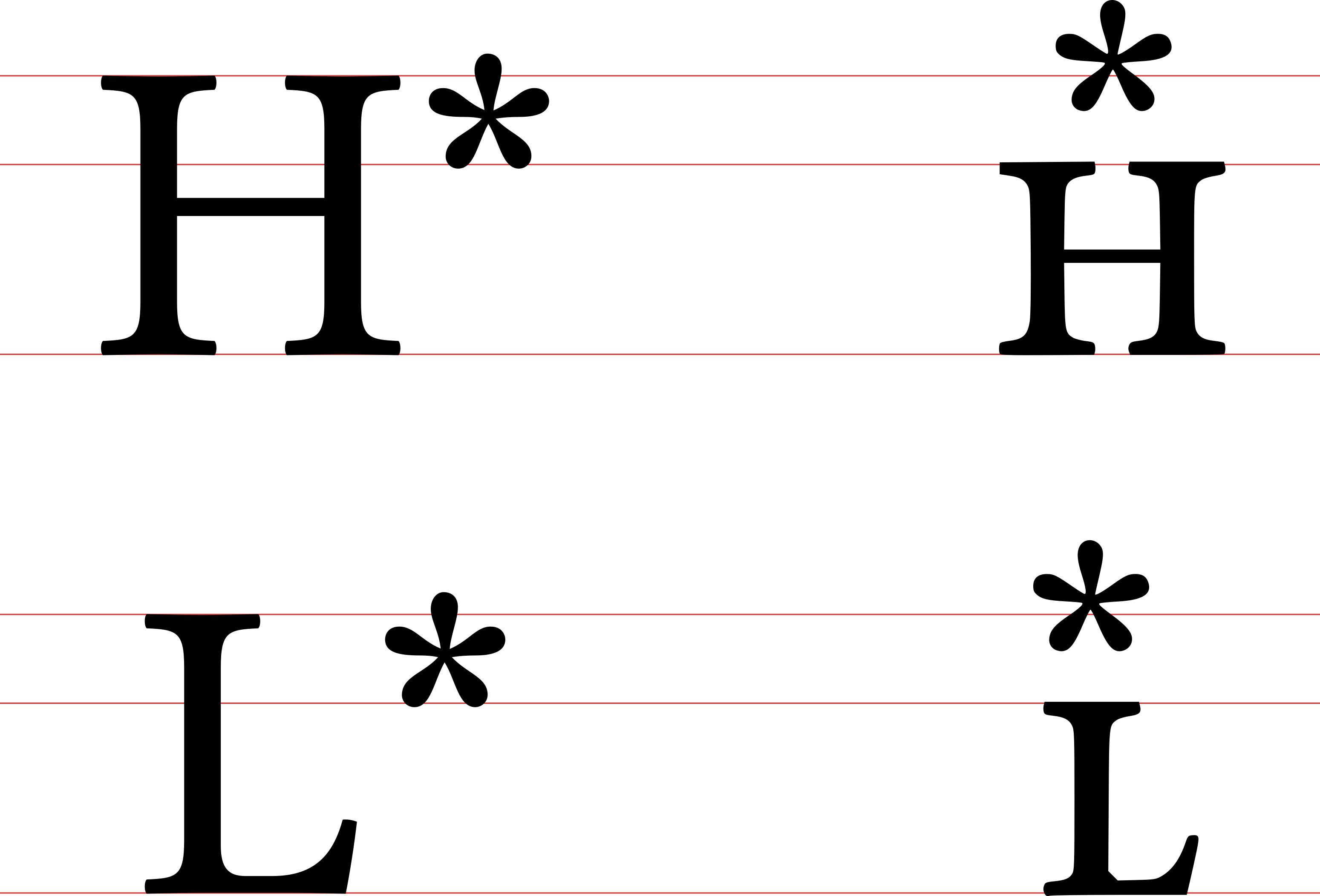 A comparison between two ways of typesetting of ToBI tone markers
for H* and L*. A column on the left shows the standard typesetting using
uppercase characters followed by a * character, while a column on the
right uses small caps for the letters with the * character placed above