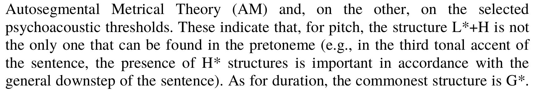 A couple of lines from an academic paper where compound tones appear
 as part of sentences. The text uses the standard typesetting of ToBI tones,
 which does not blend into the surrounding text