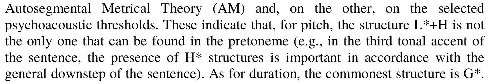 A couple of lines from an academic paper where compound tones appear
as part of sentences. The text uses the standard typesetting of ToBI tones,
which does not blend into the surrounding text