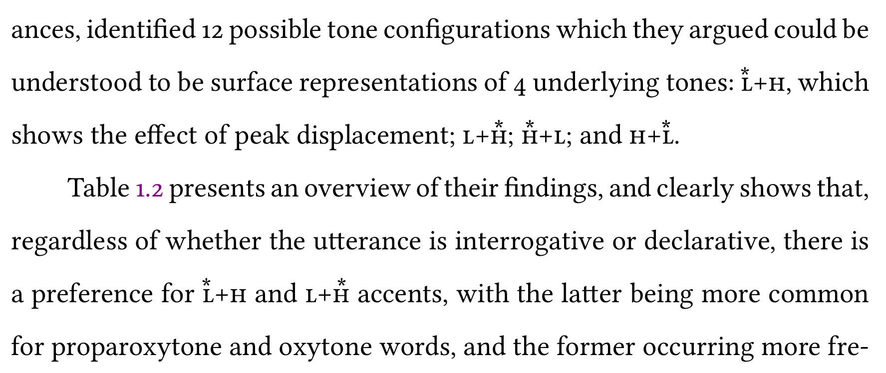 A couple of lines from an academic paper where compound tones appear
 as part of sentences. The text uses the custom typesetting for ToBI tones,
 which makes them blend into the surrounding text