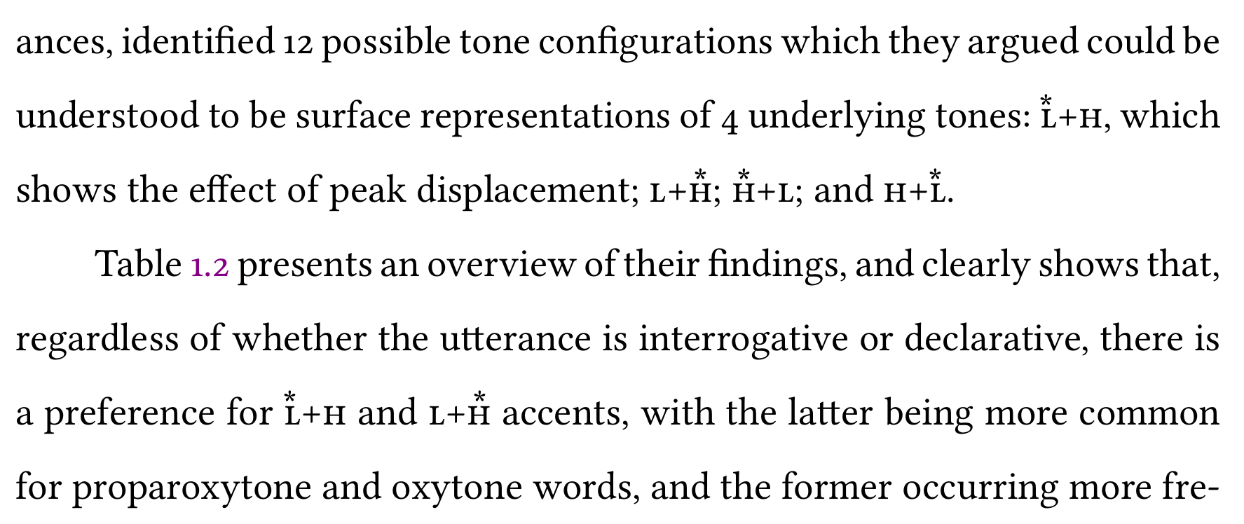 A couple of lines from an academic paper where compound tones appear
as part of sentences. The text uses the custom typesetting for ToBI tones,
which makes them blend into the surrounding text